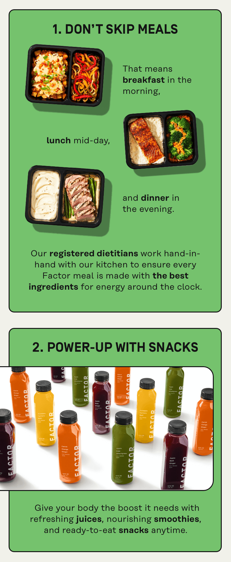 Don't skip meals, Power-up with snacks