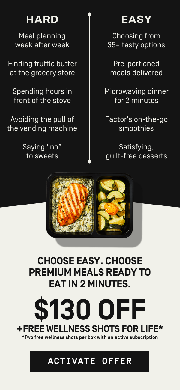 Choose easy. Choose premium meals ready to eat in 2 minutes! $130 OFF + Free Wellness Shots for Life | Activate Offer