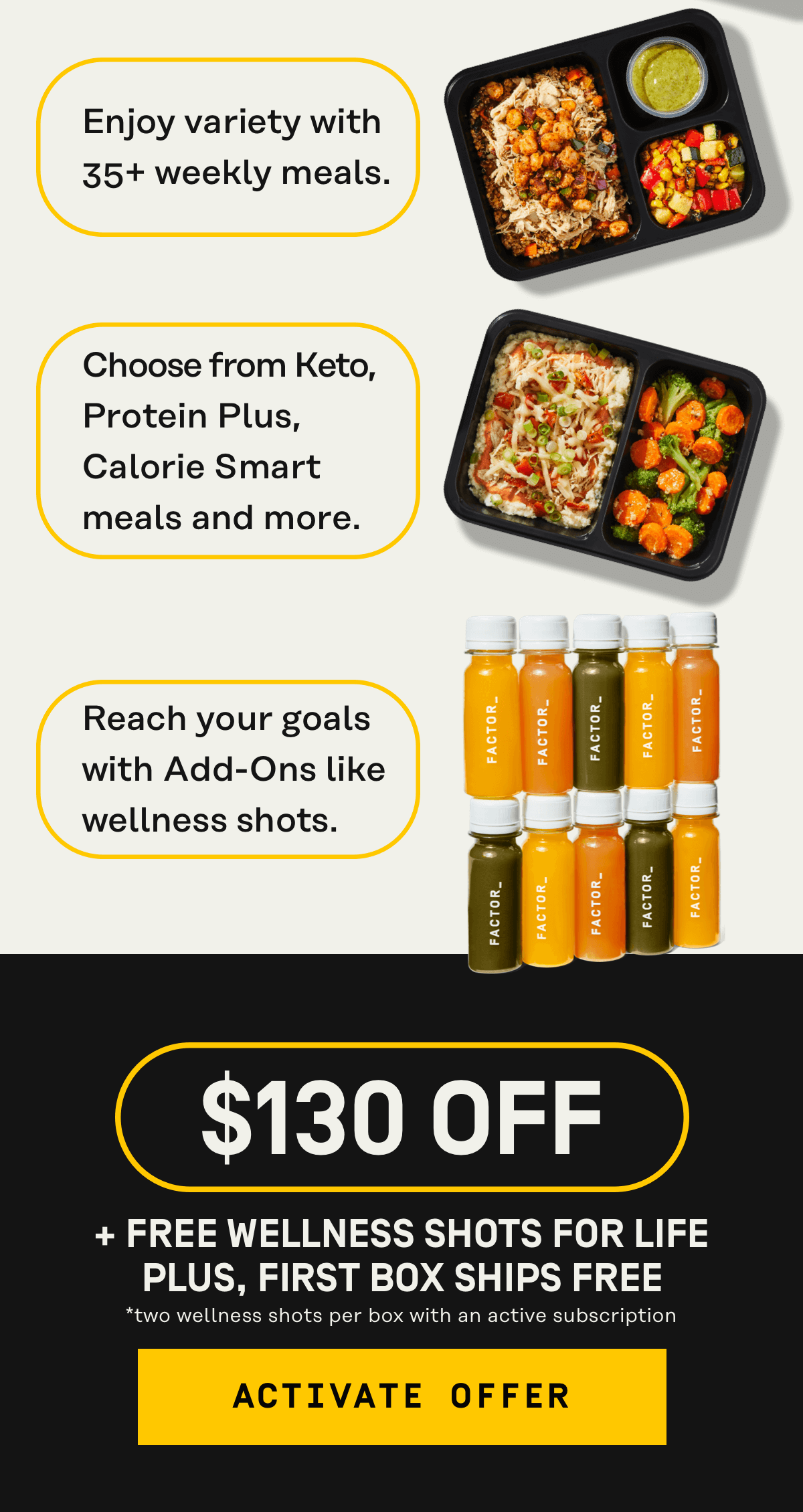 The variety you want, the fuel you need $130 Off + Free Wellness Shots for life Plus, first box ships free! | Activate Offer