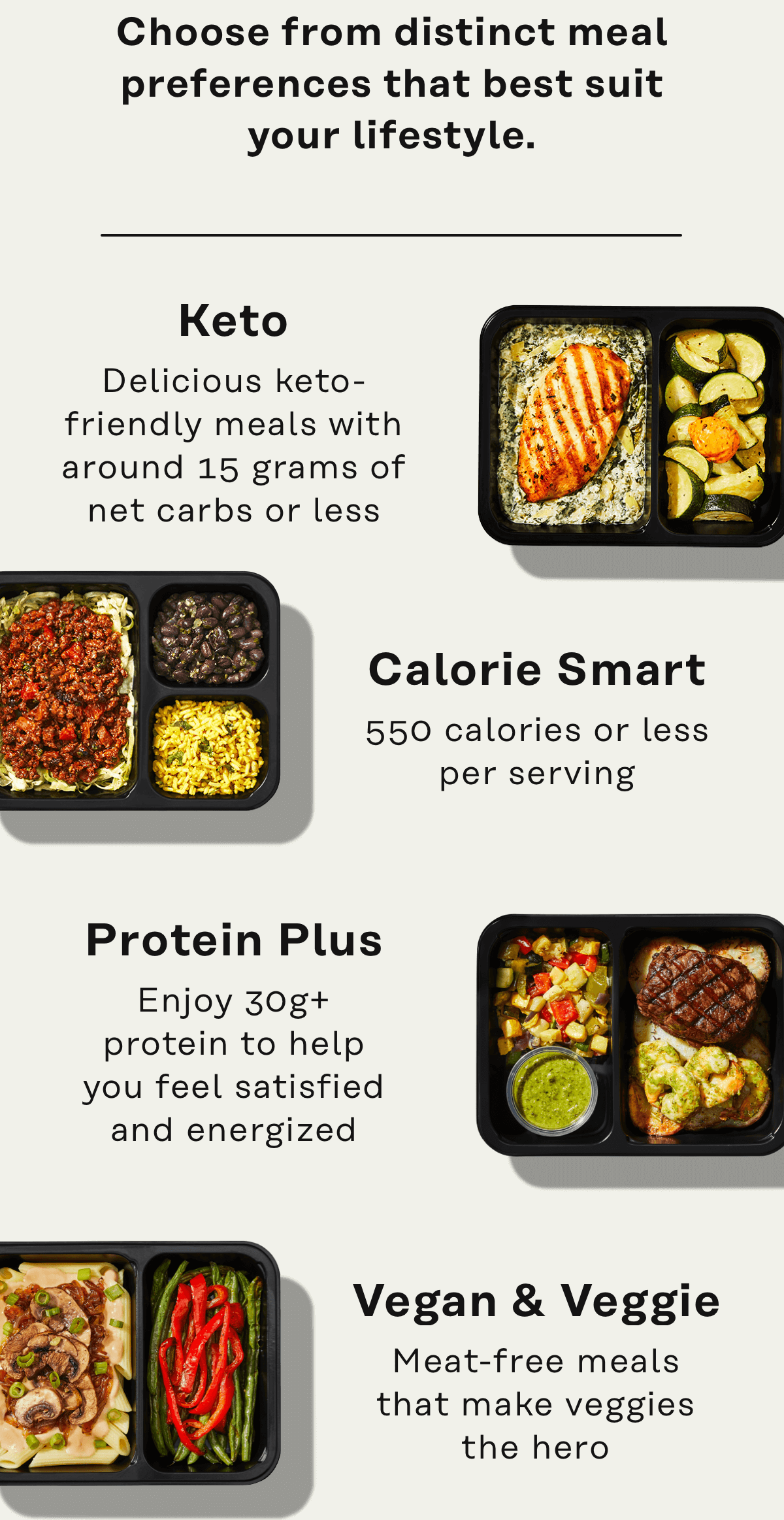 Choose from distinct meal preferences that beset suit your lifestyle