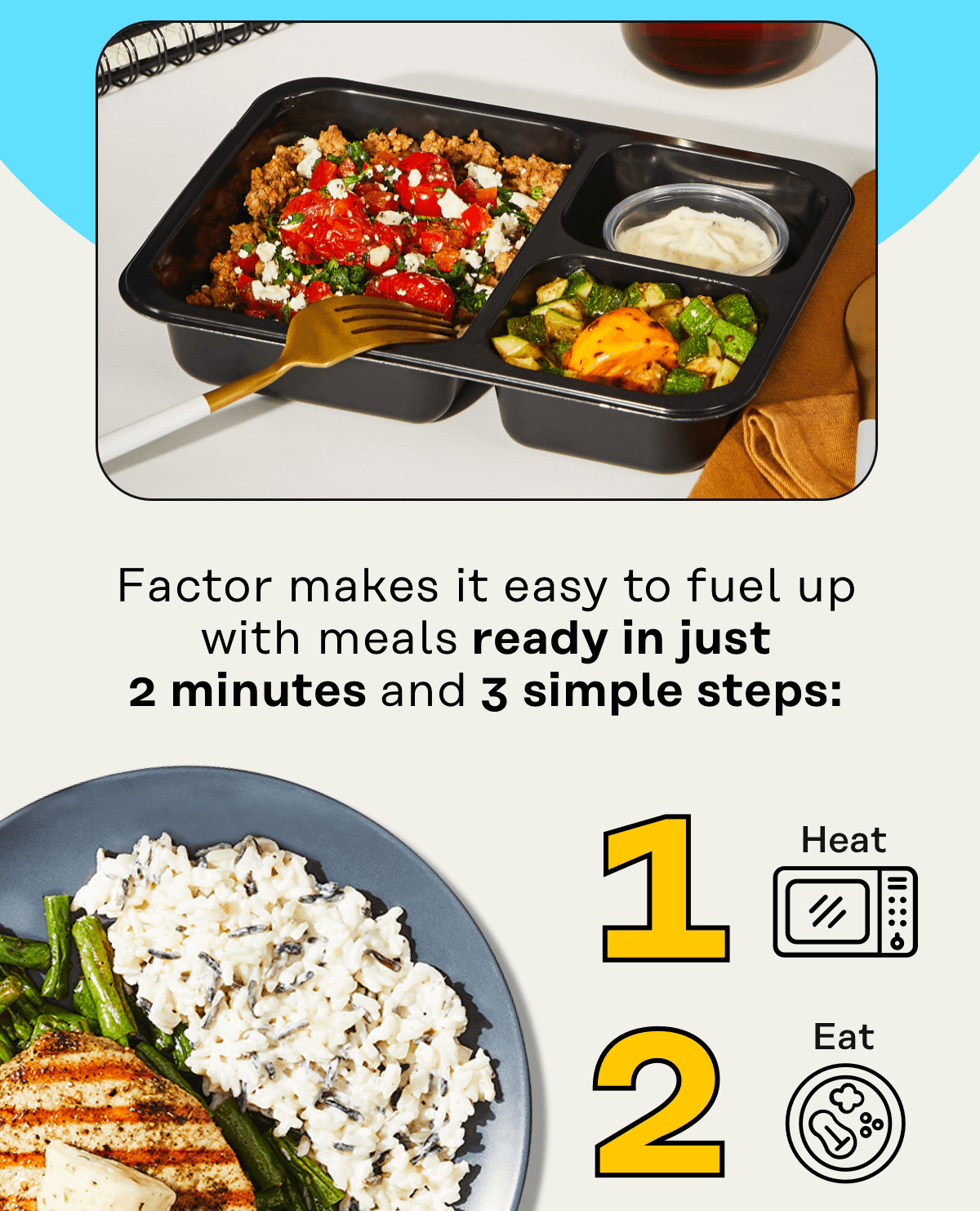 Factor makes it easy to fuel up with meals ready in just 2 minutes and 3 simple steps