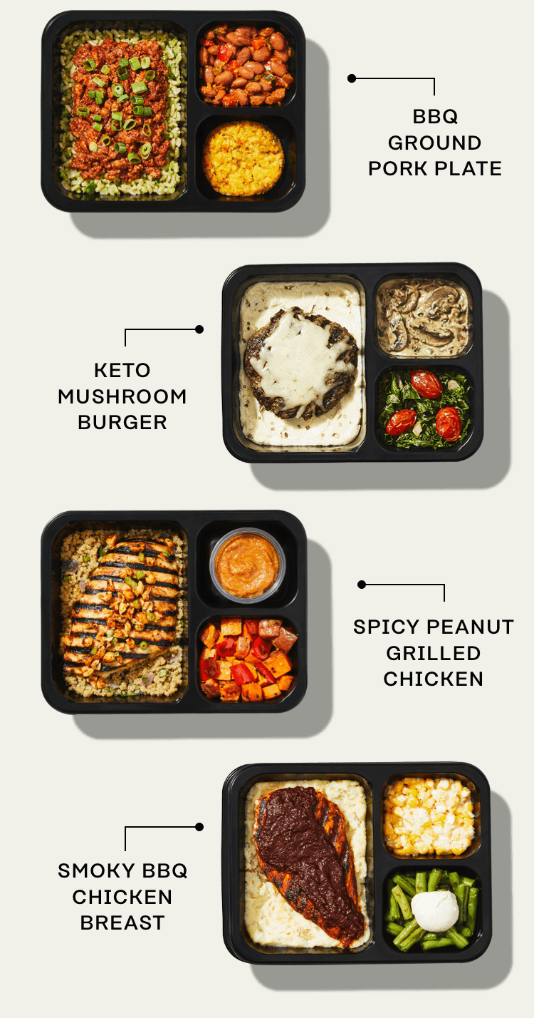 On next week's menu: BBQ ground pork plate, keto mushroom burger, spicy peanut grilled chicken