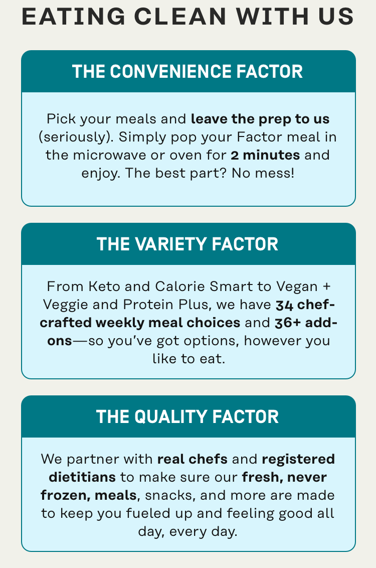 Why you'll love eating clean with us: the convenience factor, the variety factor, the quality factor