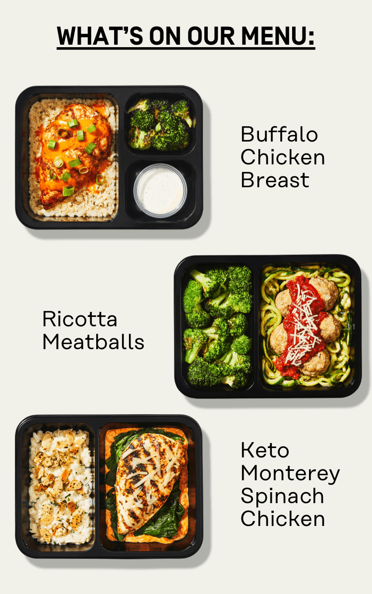 What's on our menu: Buffalo Chicken Breast, Ricotta meatballs, Keto monterey spinach chicken