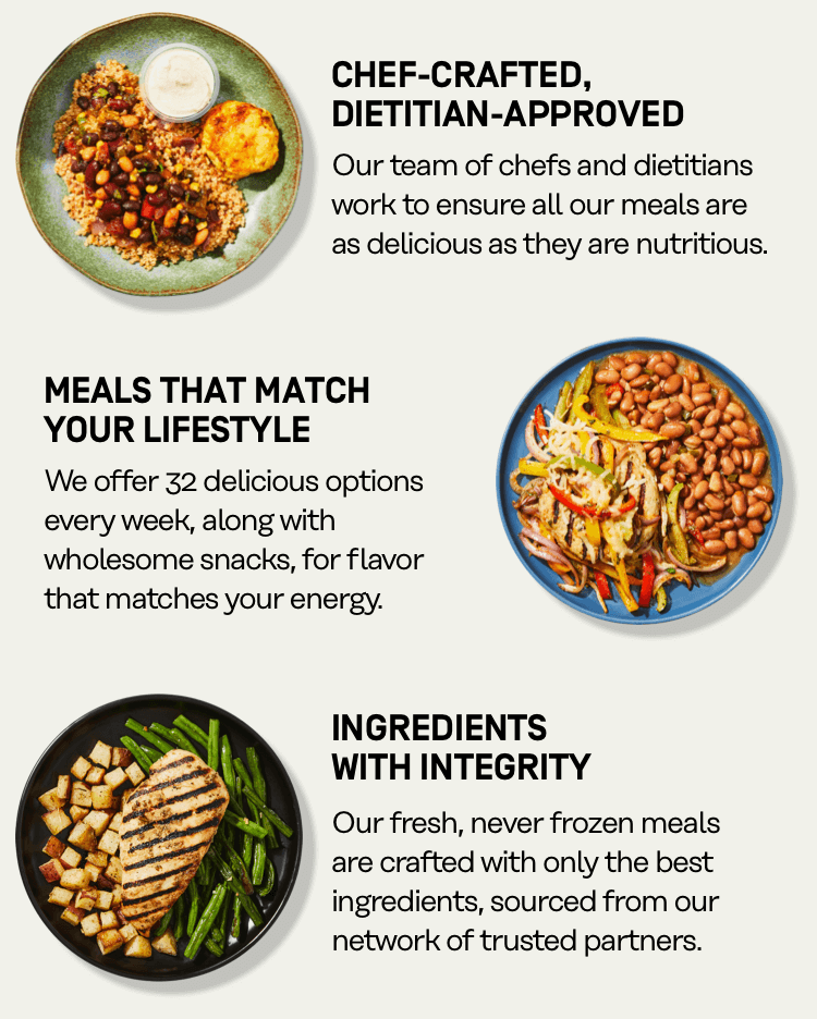 Chef-crafted, dietitian-approved, meals that match your lifestyle + ingredients with integrity