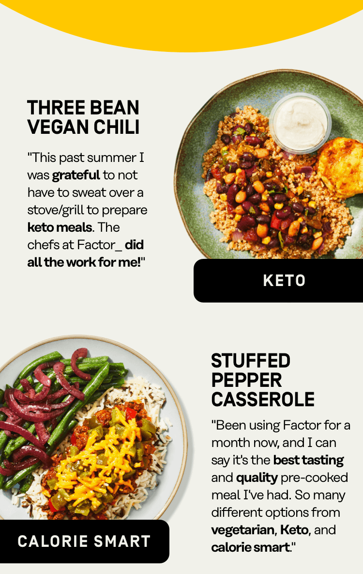 Three bean vegan chili, stuffed pepper casserole, smoked tofu almond stir-fry, honey mustard chicken