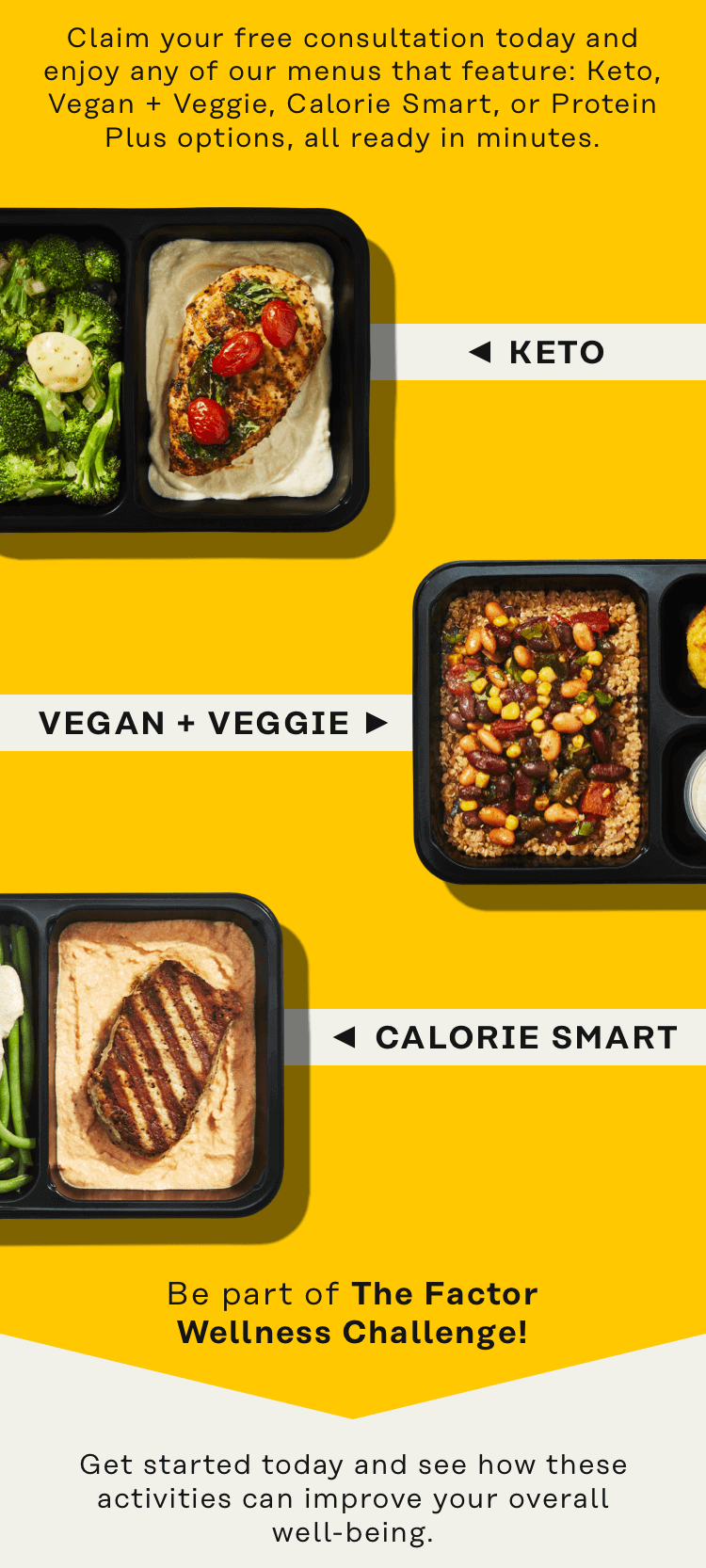 Claim your free consultation today and enjoy any of our menus that feature: Keto, Vegan + Veggie, Calorie Smart, or Protein Plus options, all ready in minutes.