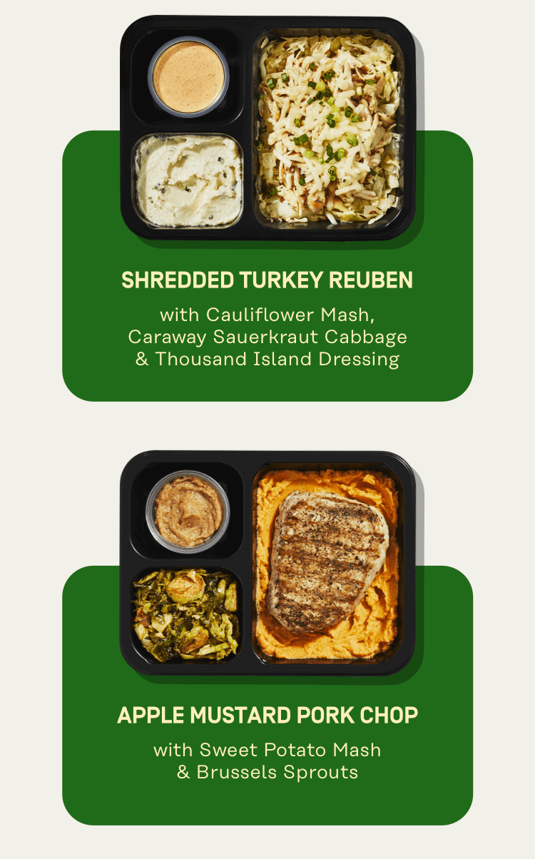 Shredded turkey reuben, apple mustard pork chop