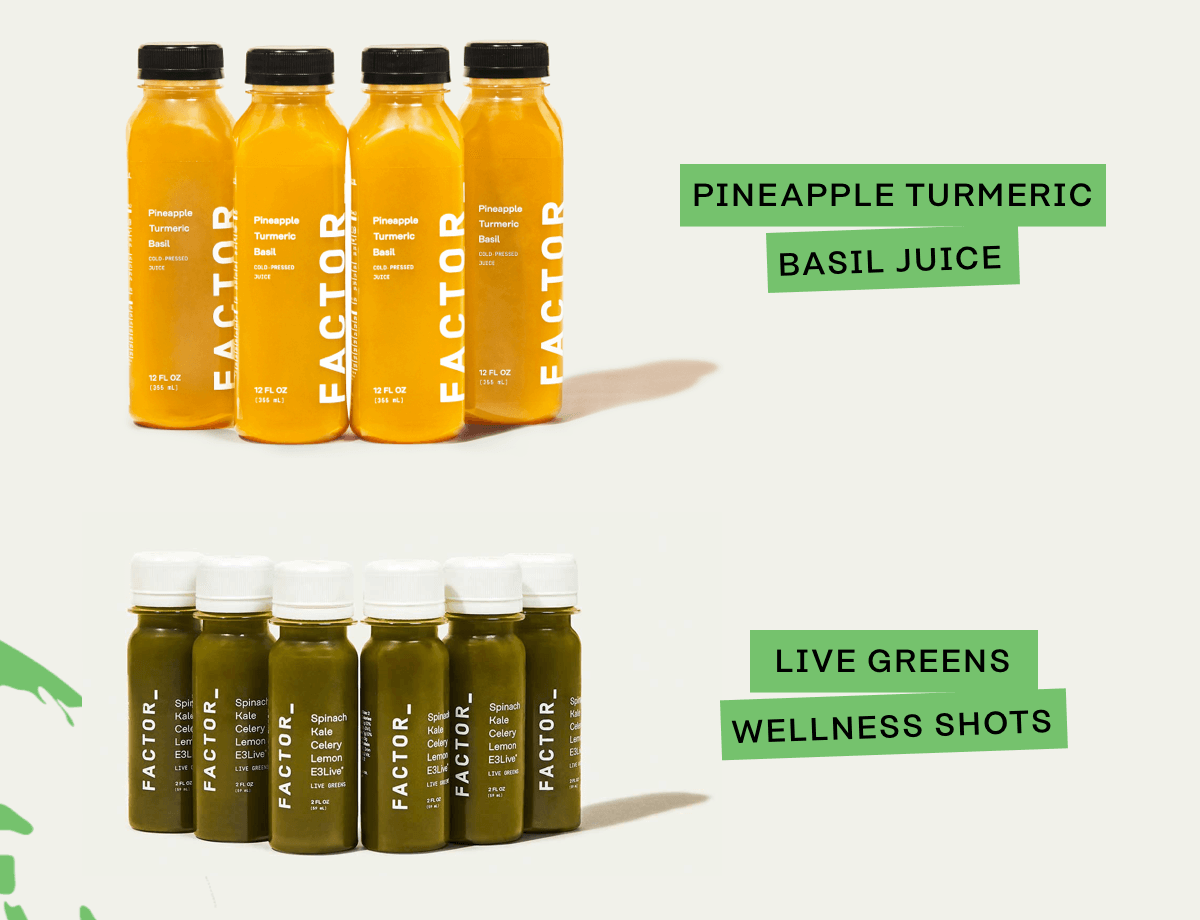 Apple Kale Wheatgrass juice, pineapple turmeric basil juice, live greens wellness shots