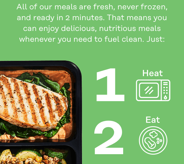 All of our meals are fresh, never frozen, and ready in 2 minutes.